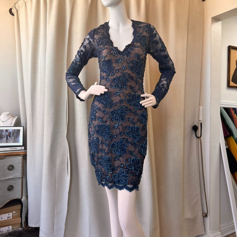 Baccio Couture V Neck Long Sleeve Fitted Dress